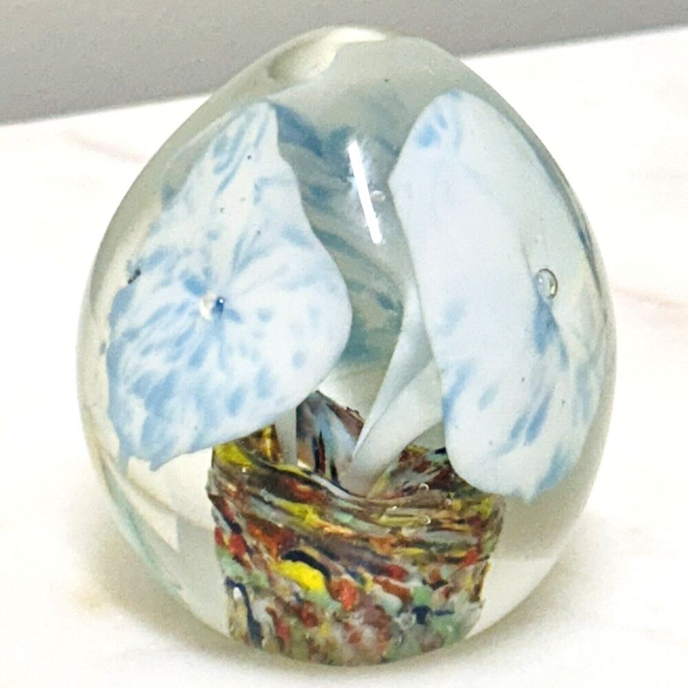 Vintage Glass Paperweight Egg Shaped Flowers Elephant Ears 2 1/2 inches